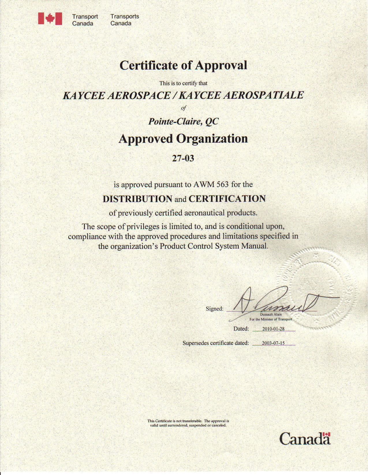Transport Canada Certificate of Approval — Kaycee Aerospace, Approved Organization 27-03